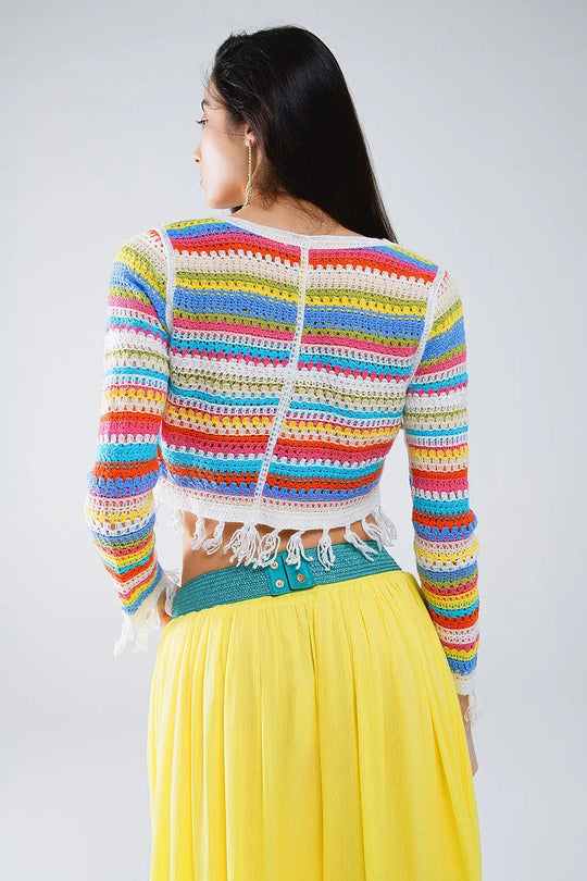 Cropped Crochet Cardigan In Multicolor Stripe - GREEN / ONE - Cardigans