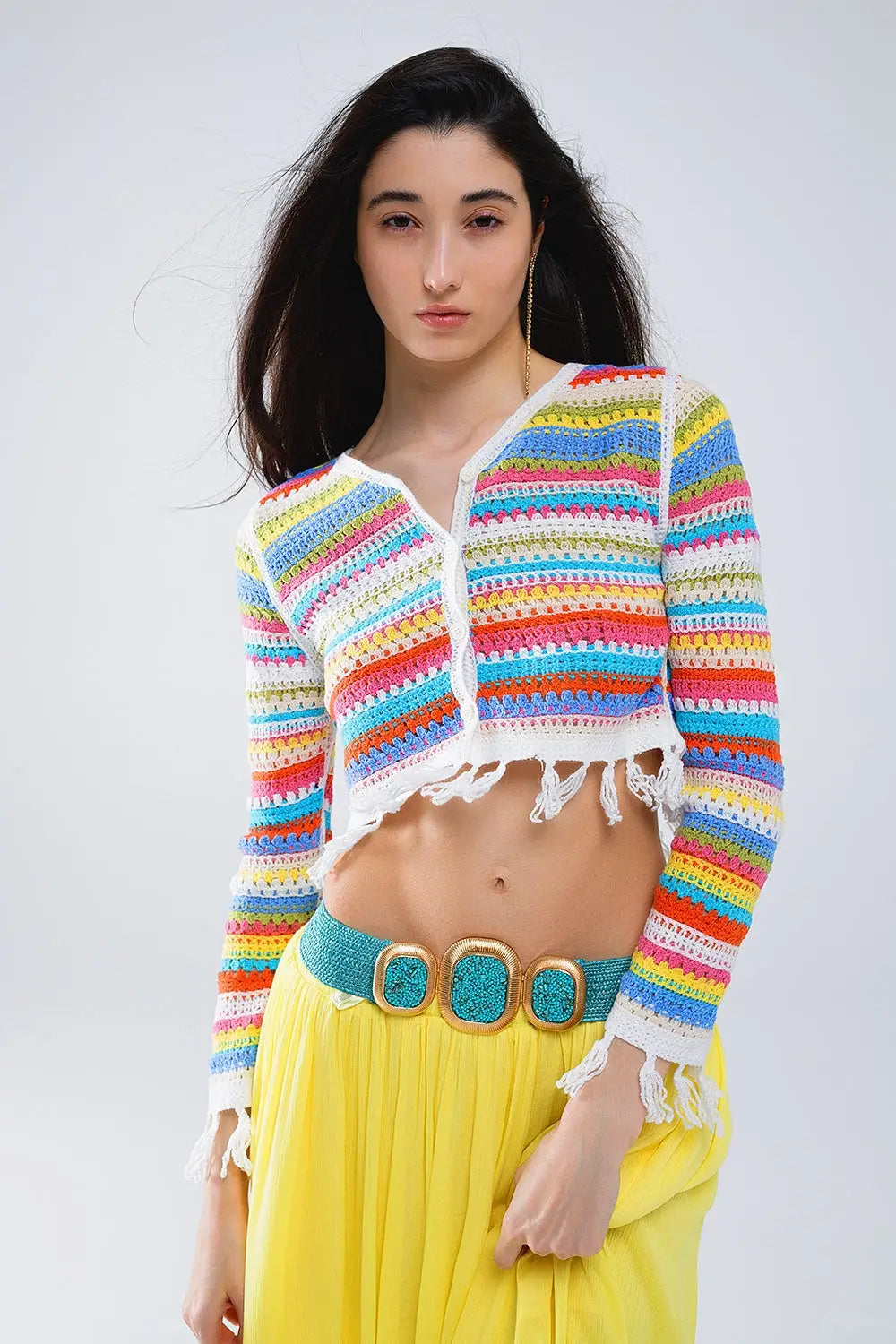 Cropped Crochet Cardigan In Multicolor Stripe - GREEN / ONE - Cardigans