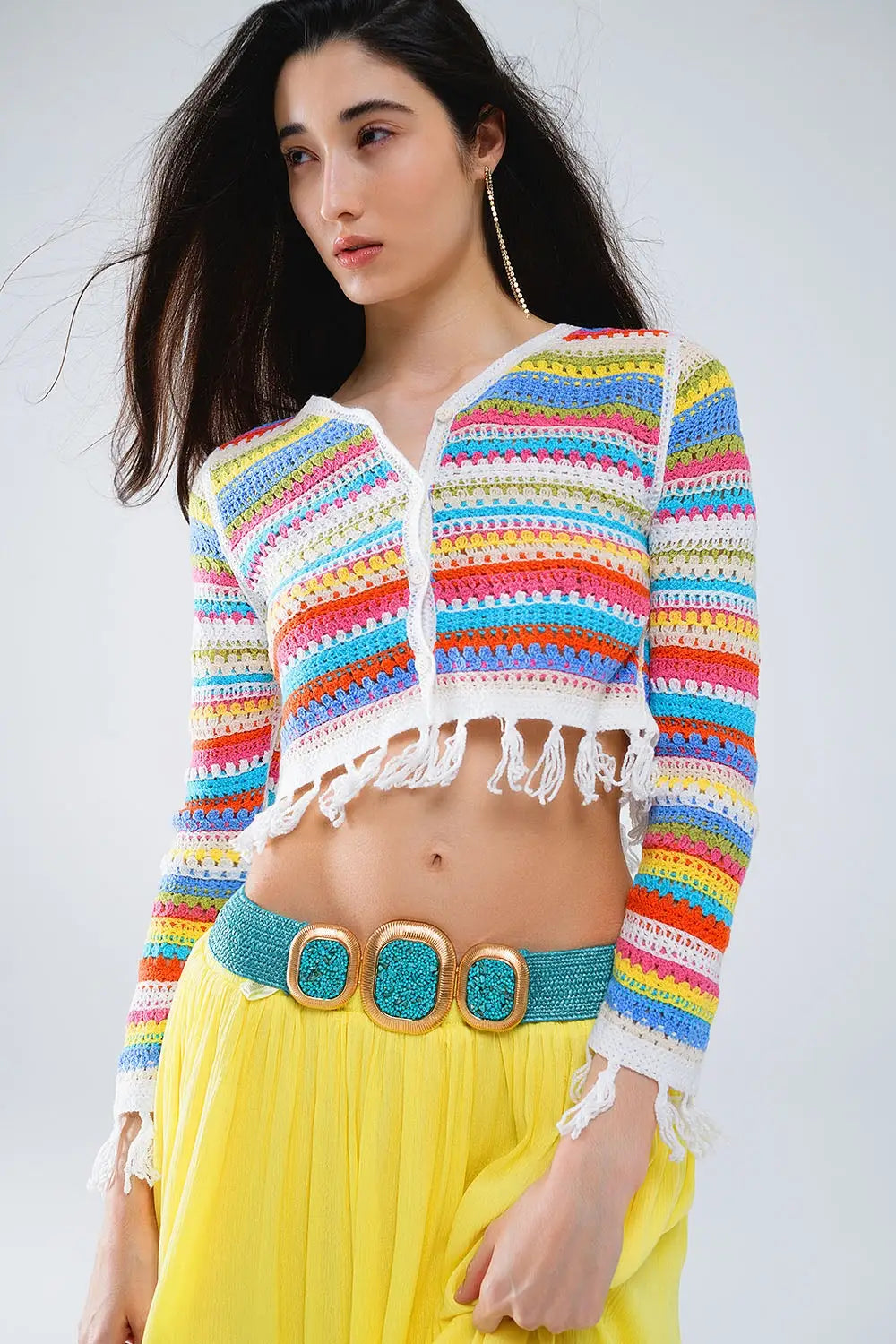 Cropped Crochet Cardigan In Multicolor Stripe - GREEN / ONE - Cardigans