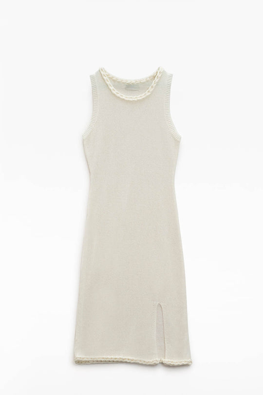 Knitted Midi Dress With Braided Detail in Cream
