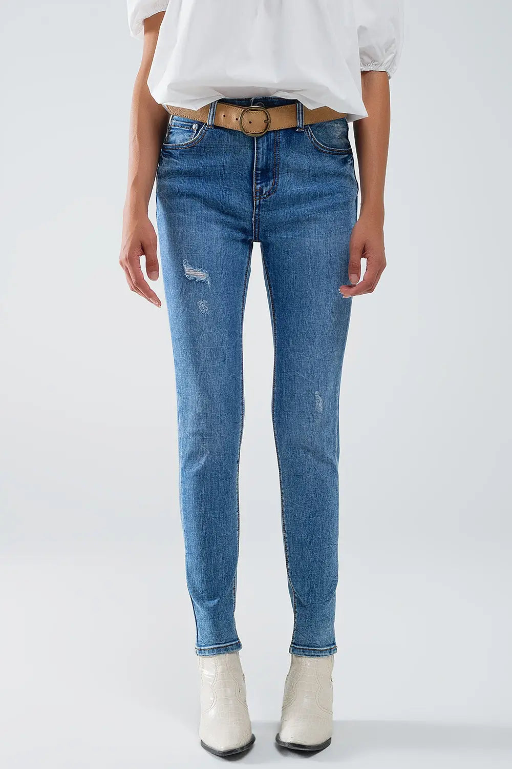 Stretch Denim super Skinny Jeans In MIdwash With Distress Details