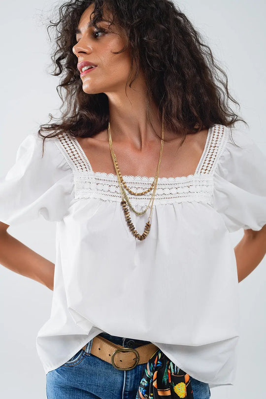 White Top With Square Neckline And Short Sleeves - Tops