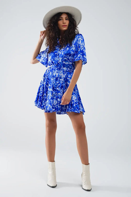 Flowy Short Shirt Dress With Angel Sleeves in Blue Abstract Print - Dresses
