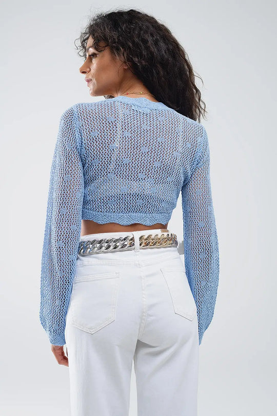 Blue short crochet cardigan with lurex detail - BLUE / ONE - Cardigans