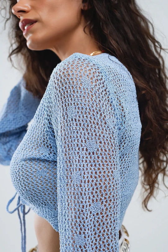 Blue short crochet cardigan with lurex detail - BLUE / ONE - Cardigans