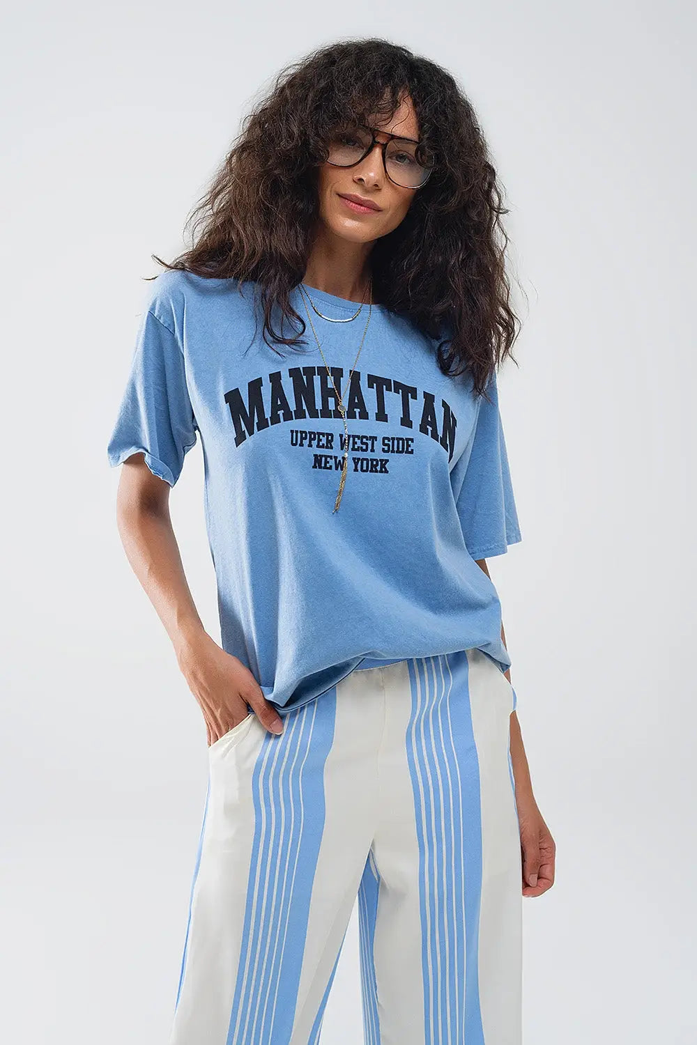 Blue relaxed T-shirt with manhattan text - BLUE / ONE - T-Shirts
