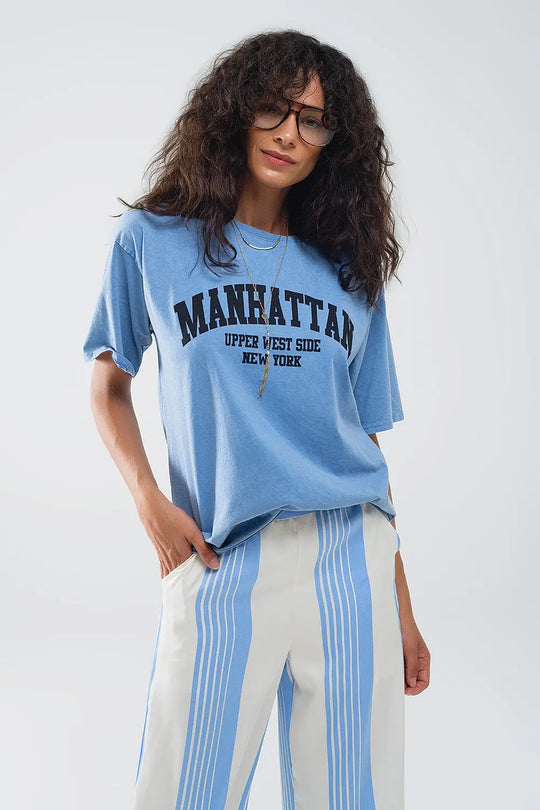 Blue relaxed T-shirt with manhattan text - BLUE / ONE - T-Shirts