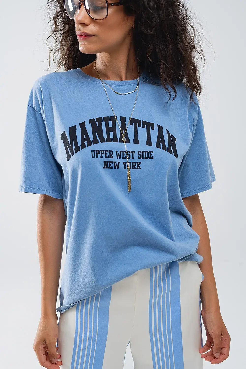 Blue relaxed T-shirt with manhattan text - BLUE / ONE - T-Shirts