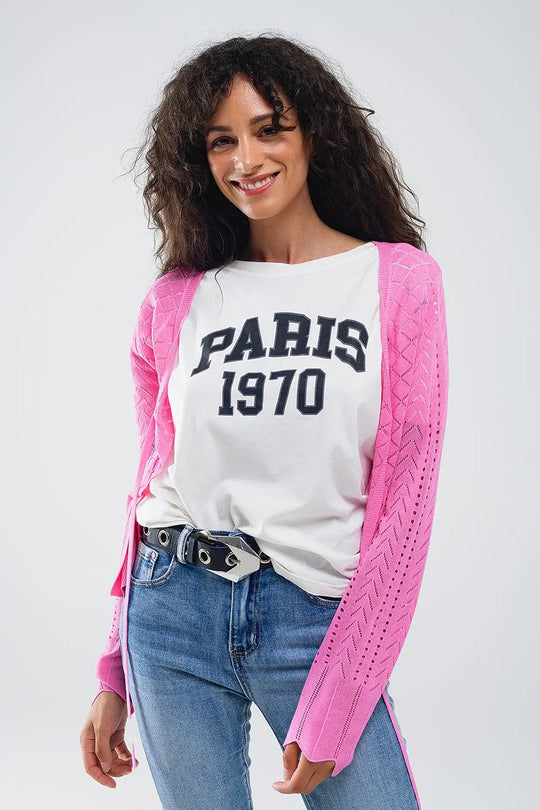 Pink Cardigan with Argyle Print and Tie Closing - FUCHSIA / ONE - Cardigans