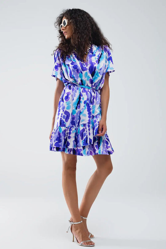 Wrap Short Dress In Blue and Purple Tie-dye - Dresses