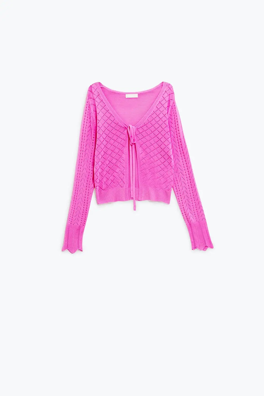 Pink Cardigan with Argyle Print and Tie Closing - FUCHSIA / ONE - Cardigans