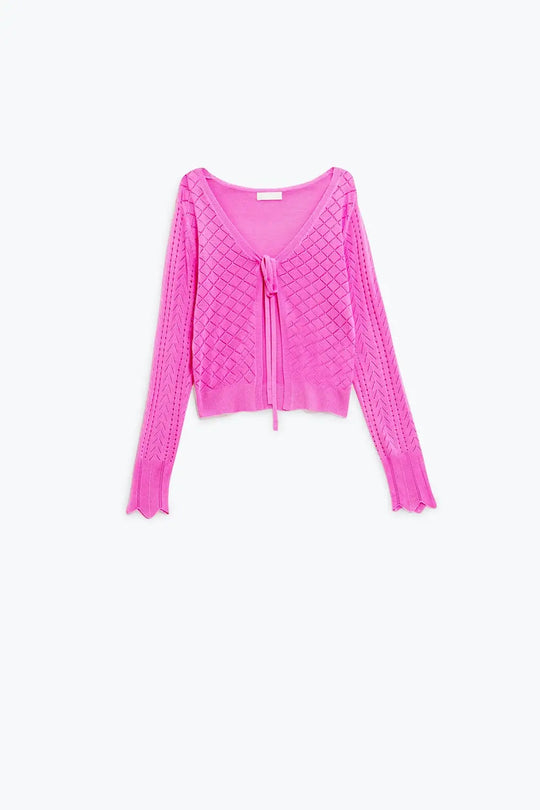 Pink Cardigan with Argyle Print and Tie Closing - FUCHSIA / ONE - Cardigans