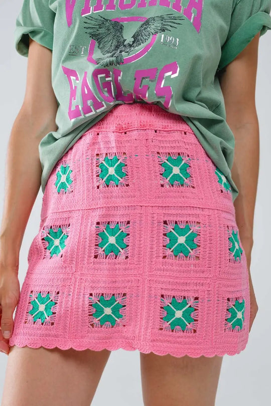 Crochet Mini Skirt in Pink With Turquoise Flowers - Skirts