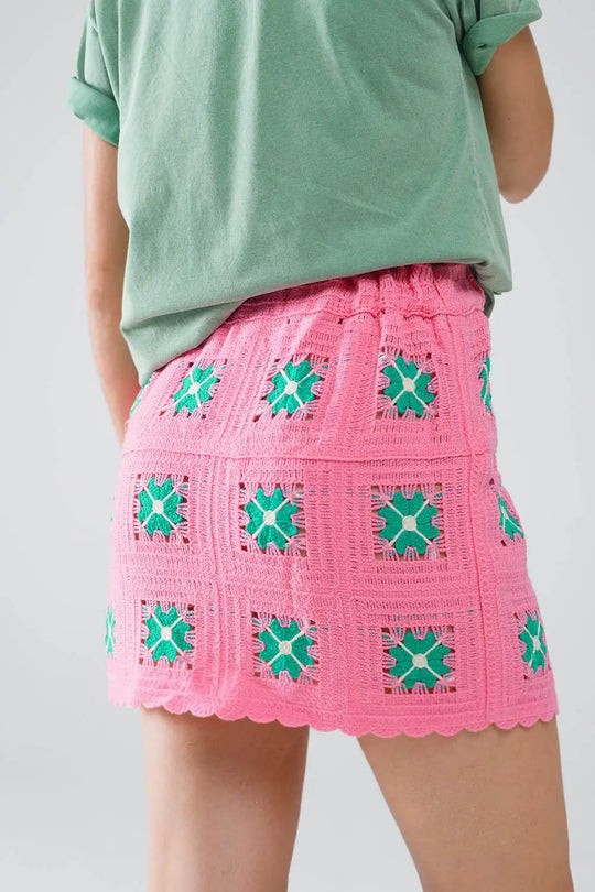 Crochet Mini Skirt in Pink With Turquoise Flowers - Skirts