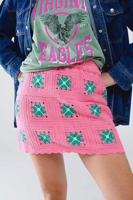 Crochet Mini Skirt in Pink With Turquoise Flowers - Skirts