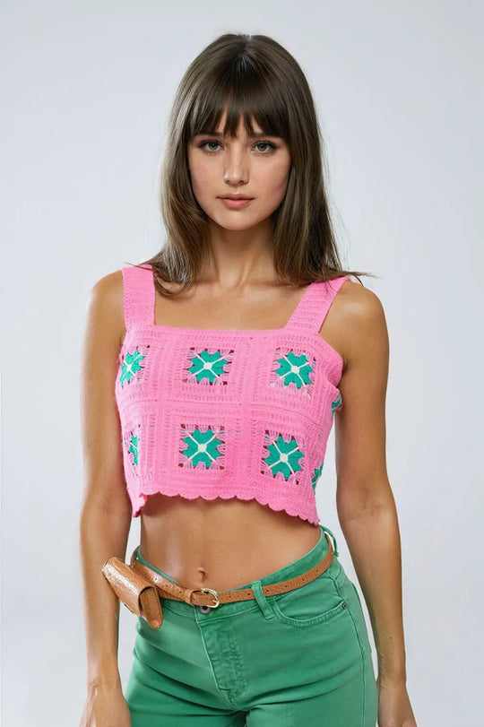 Cropped Crochet TankTop With Flower Pattern - Tops