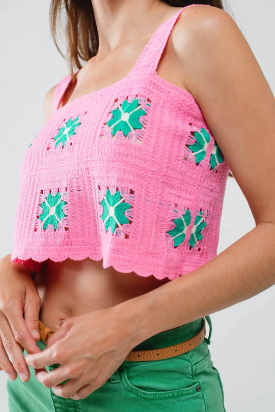 Cropped Crochet TankTop With Flower Pattern - Tops