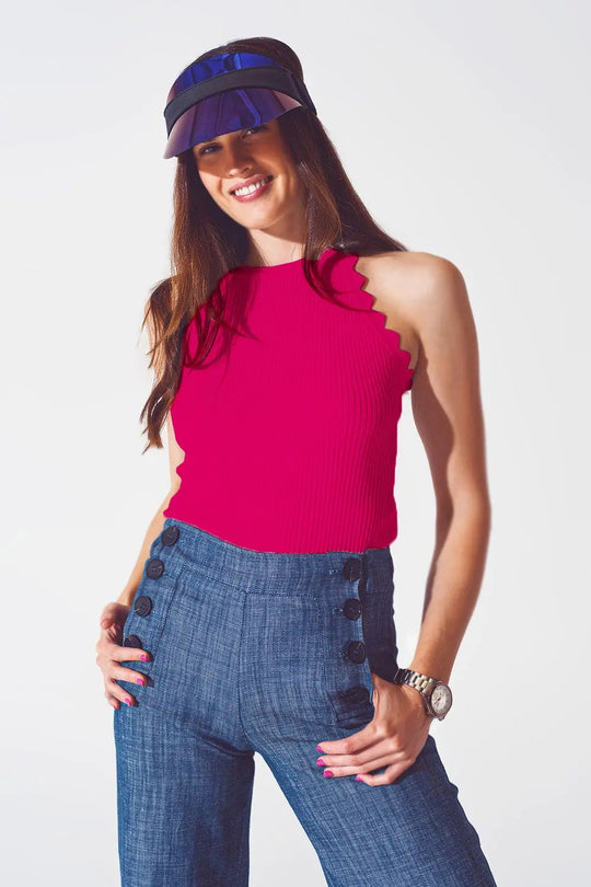 Ribbed Halter Top With Scalloped Finish in Fuchsia - FUCHSIA / ONE - Tops