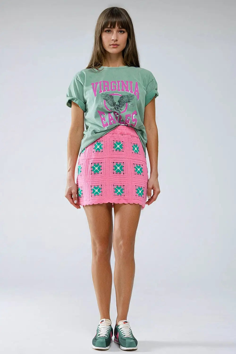 Crochet Mini Skirt in Pink With Turquoise Flowers - Skirts