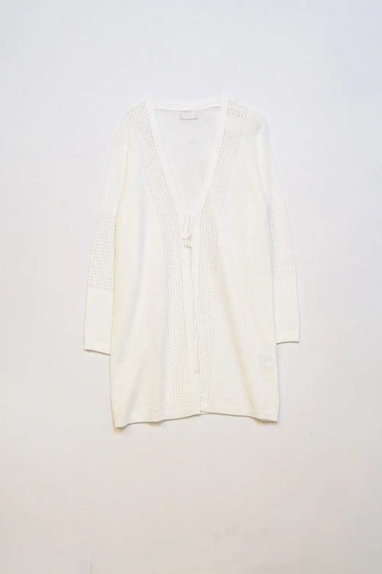 Midi Crochet Drawstring Cardigan in White - WHITE / ONE - Cardigans