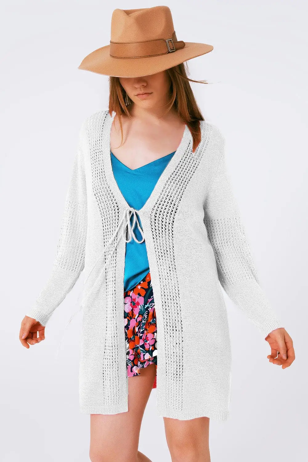 Midi Crochet Drawstring Cardigan in White - WHITE / ONE - Cardigans