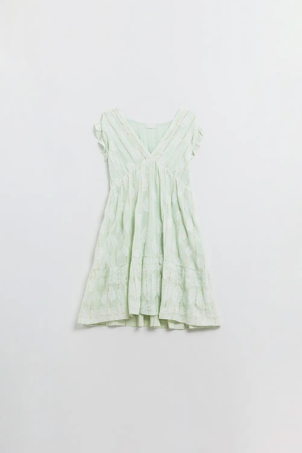Short Babydoll Dress With Leaf Print And Lurex Thread in Mint - Dresses