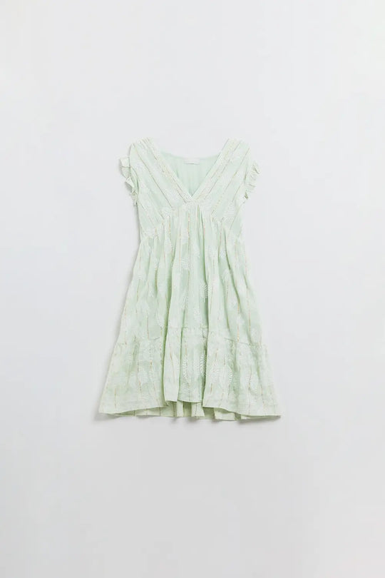 Short Babydoll Dress With Leaf Print And Lurex Thread in Mint - Dresses