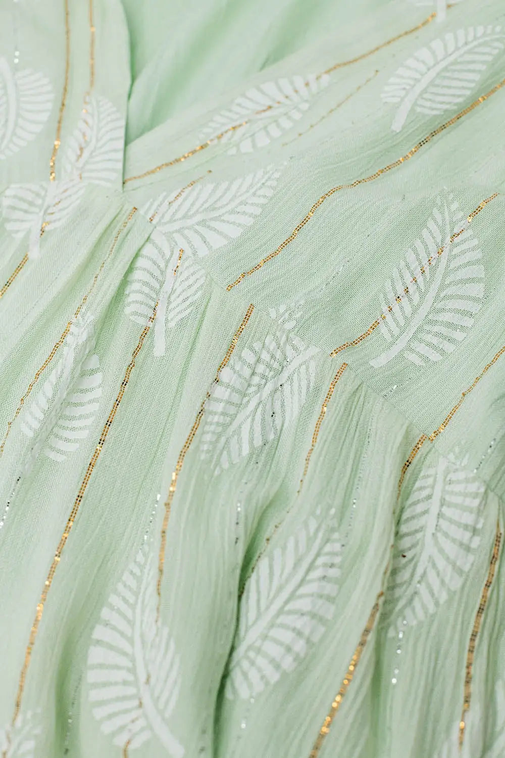 Short Babydoll Dress With Leaf Print And Lurex Thread in Mint - Dresses