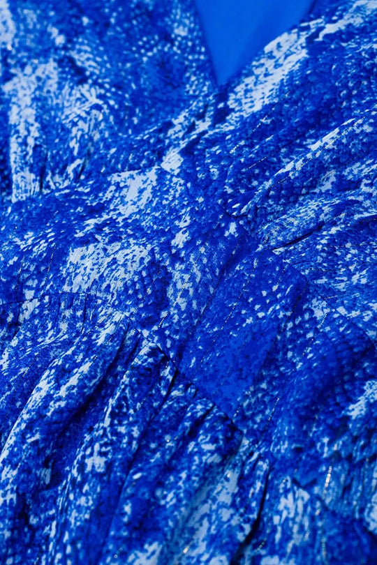 Skater Dress With Cinched Waist in Snake Blue Print With Gold Lurex Thread - Dresses