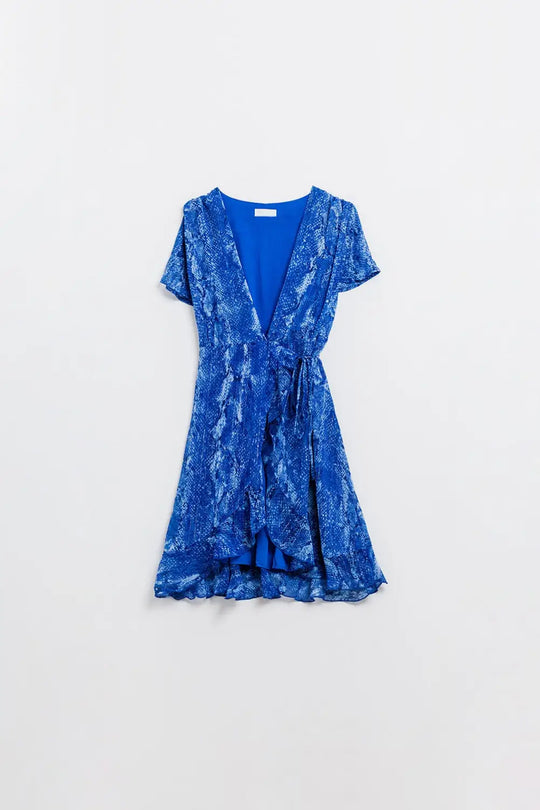 Short Wrap Dress in blue animal printed and Gold lurex - Dresses