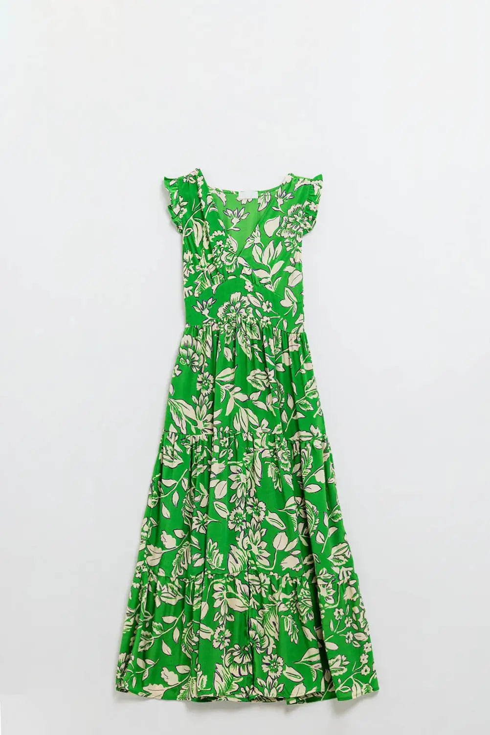 Maxi Cinched Waist Floral Print Dress in Green - Dresses
