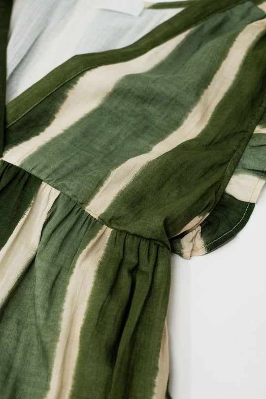 Maxi V-Neck Dress With Tiered Skirt In Striped Tie-dye Green