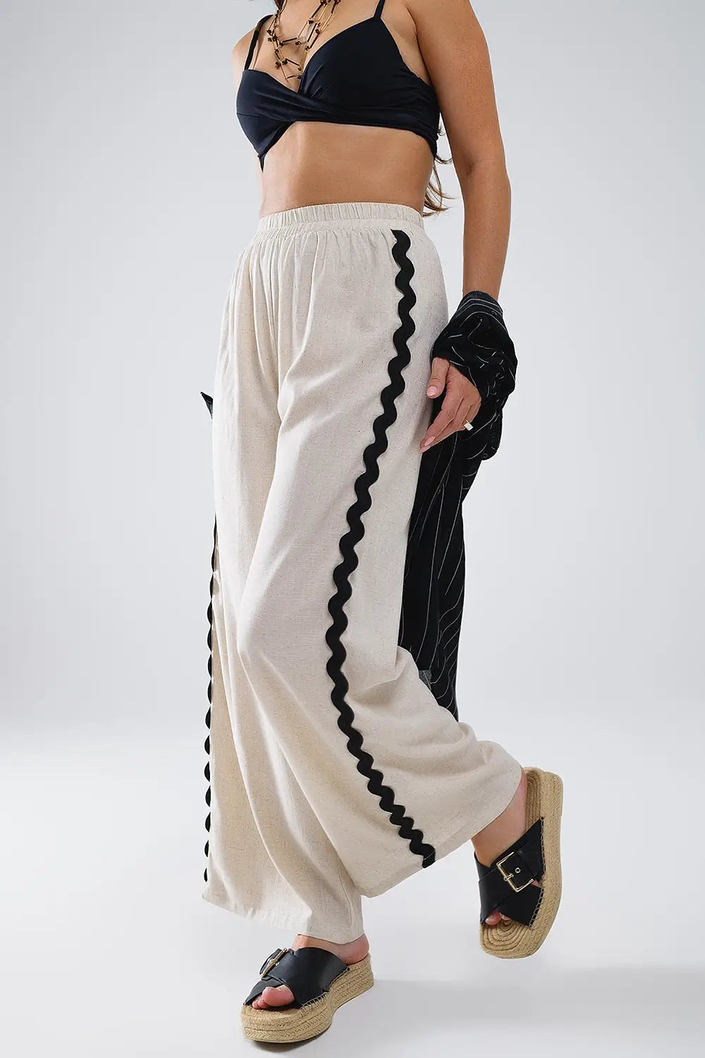 Linen Contrast Scallop Trim Pants in Beige - Pants