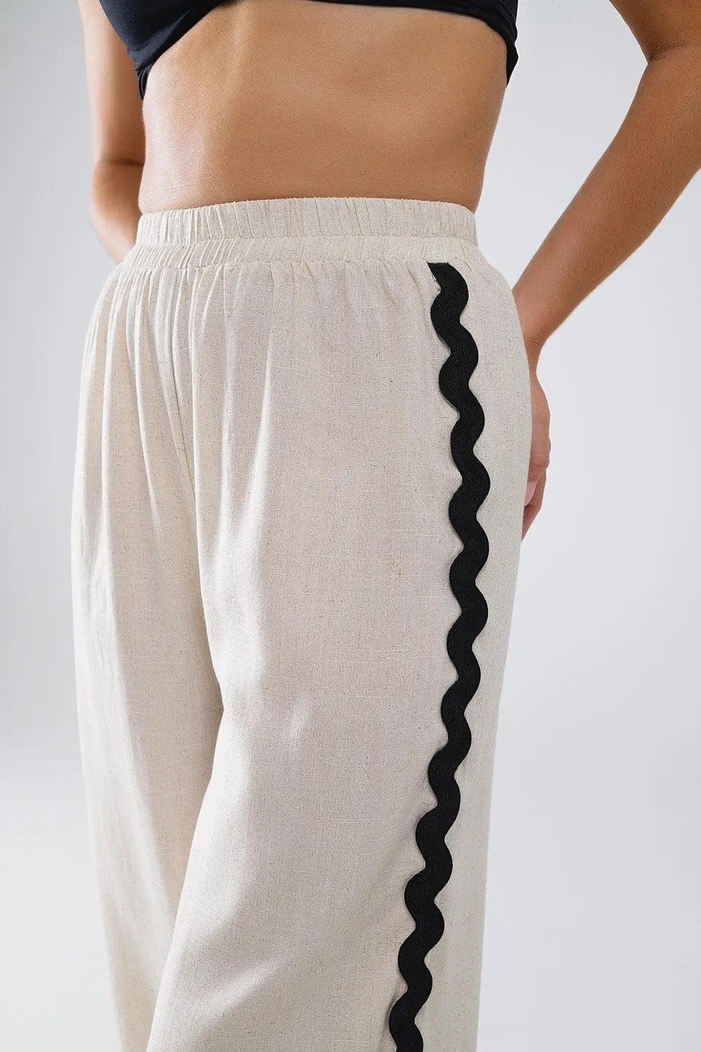 Linen Contrast Scallop Trim Pants in Beige - Pants