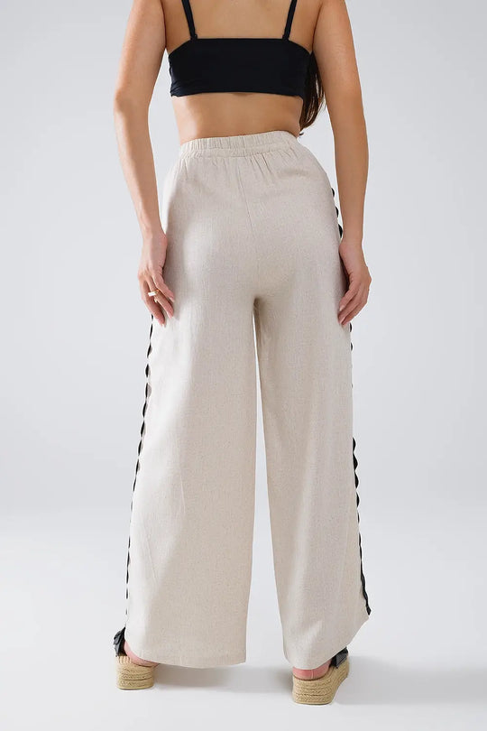 Linen Contrast Scallop Trim Pants in Beige - Pants