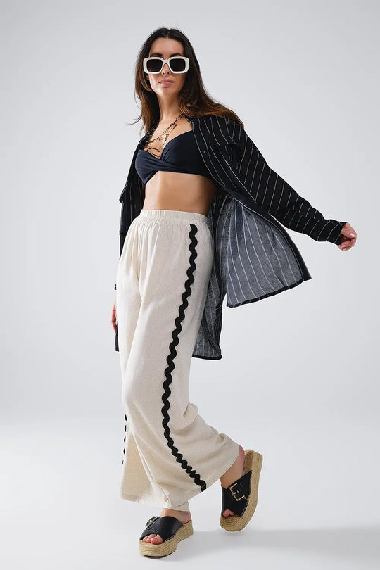 Linen Contrast Scallop Trim Pants in Beige - Pants