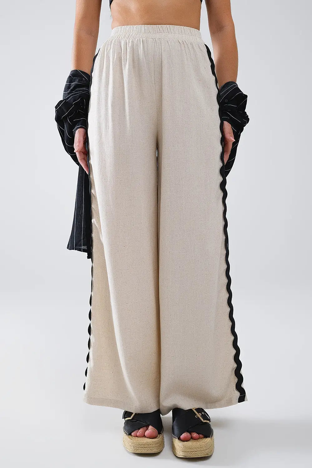 Linen Contrast Scallop Trim Pants in Beige - Pants