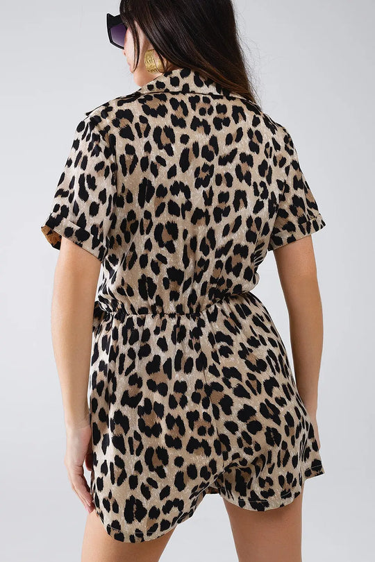 Leopard Print Wrap Playsuit - Jumpsuits