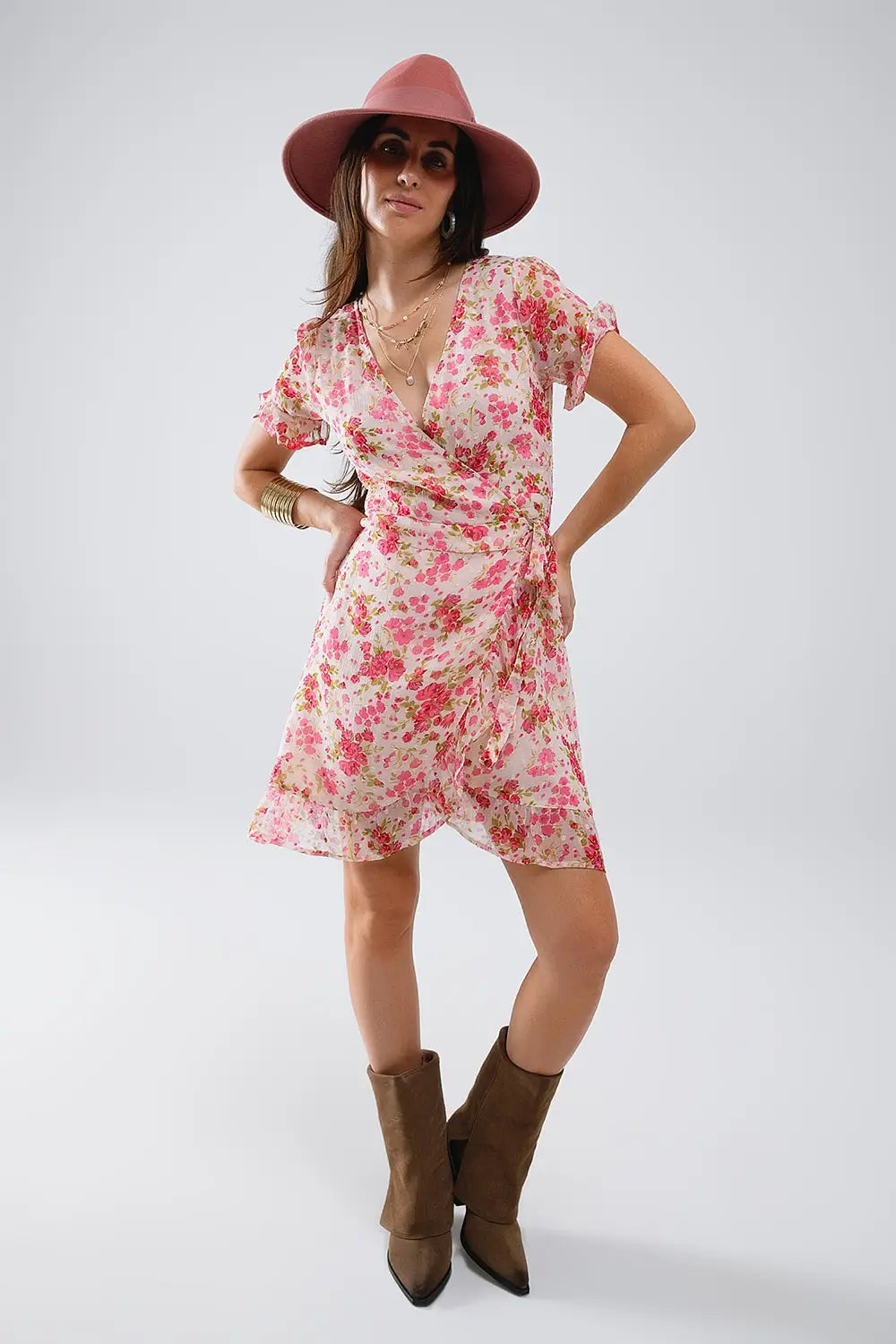 Plumetti Short Wrap Dress in Pink Floral Print - Dresses