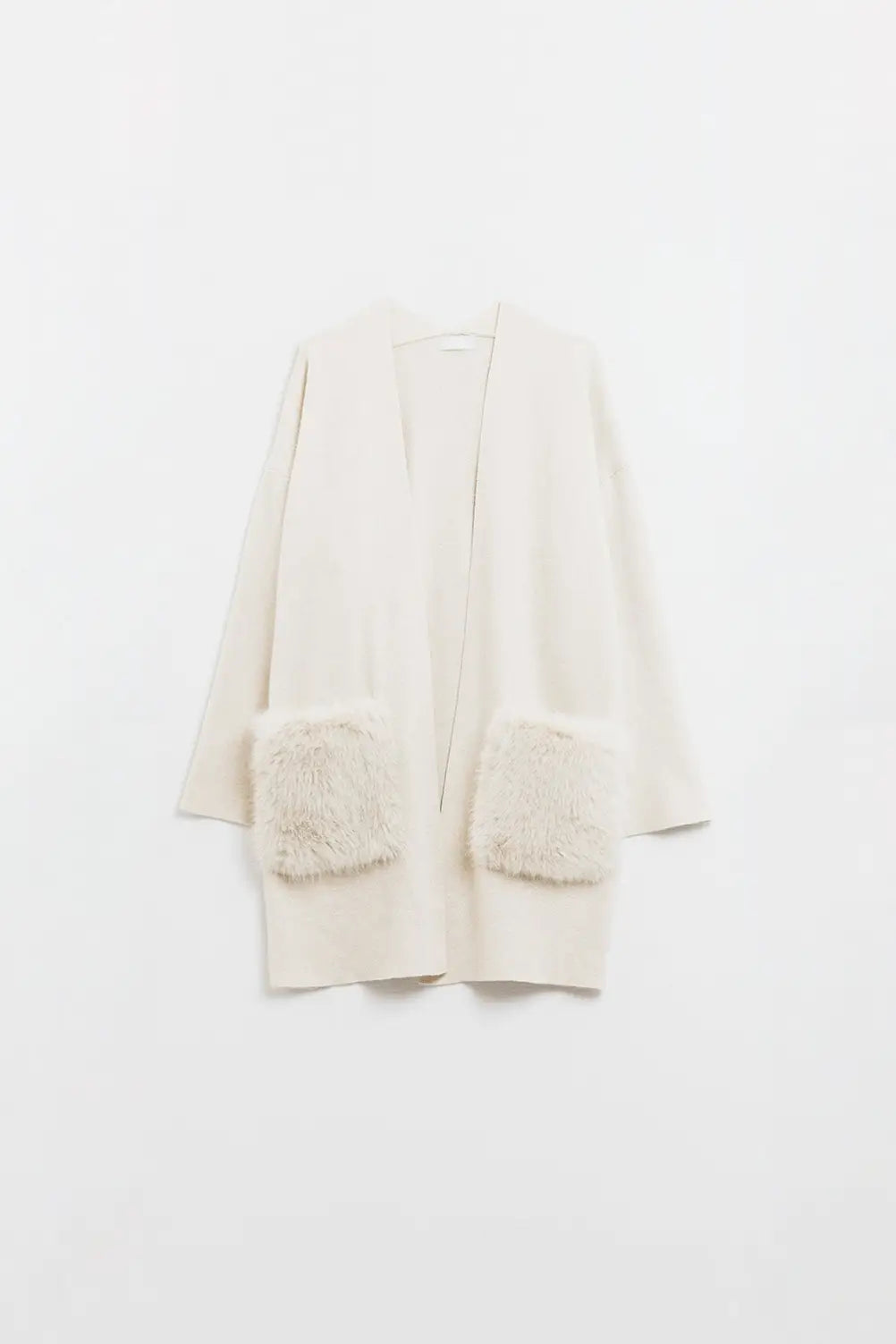 cream High quality knitted maxi cardigan with fur pockets - CREAM / ONE - Jackets Cardigans
