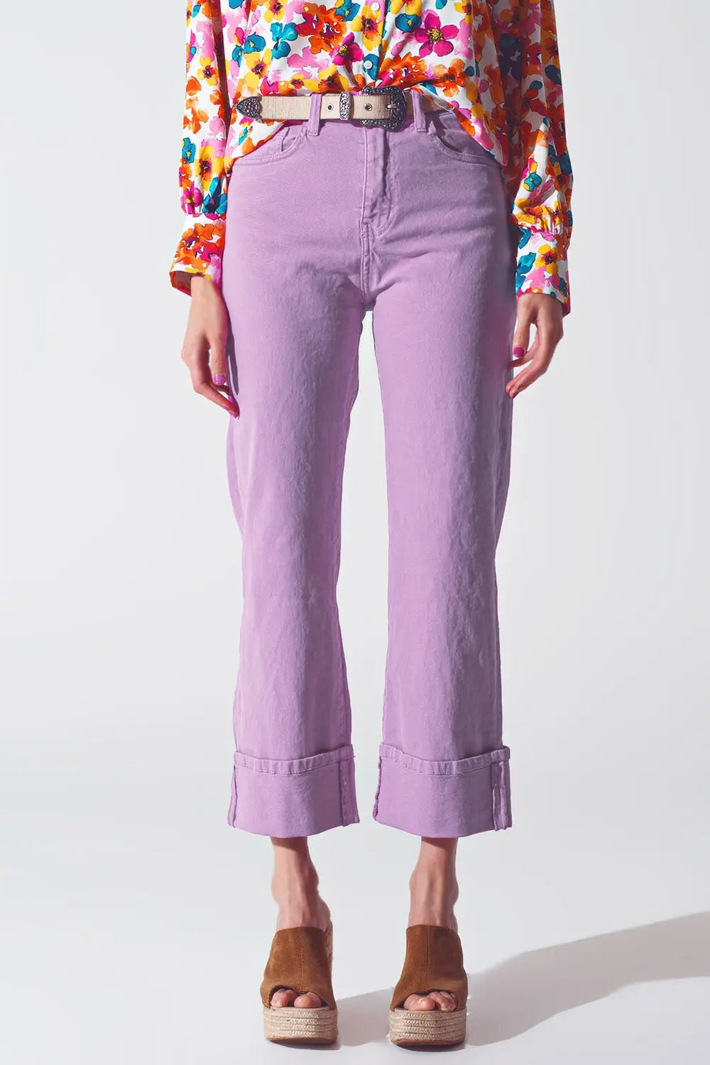 Straight Leg Jeans with Cropped Hem in Purple - Colored Jeans