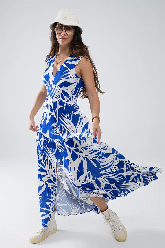 Maxi Tropical Print V-neck Dress With Slit in Blue - Dresses