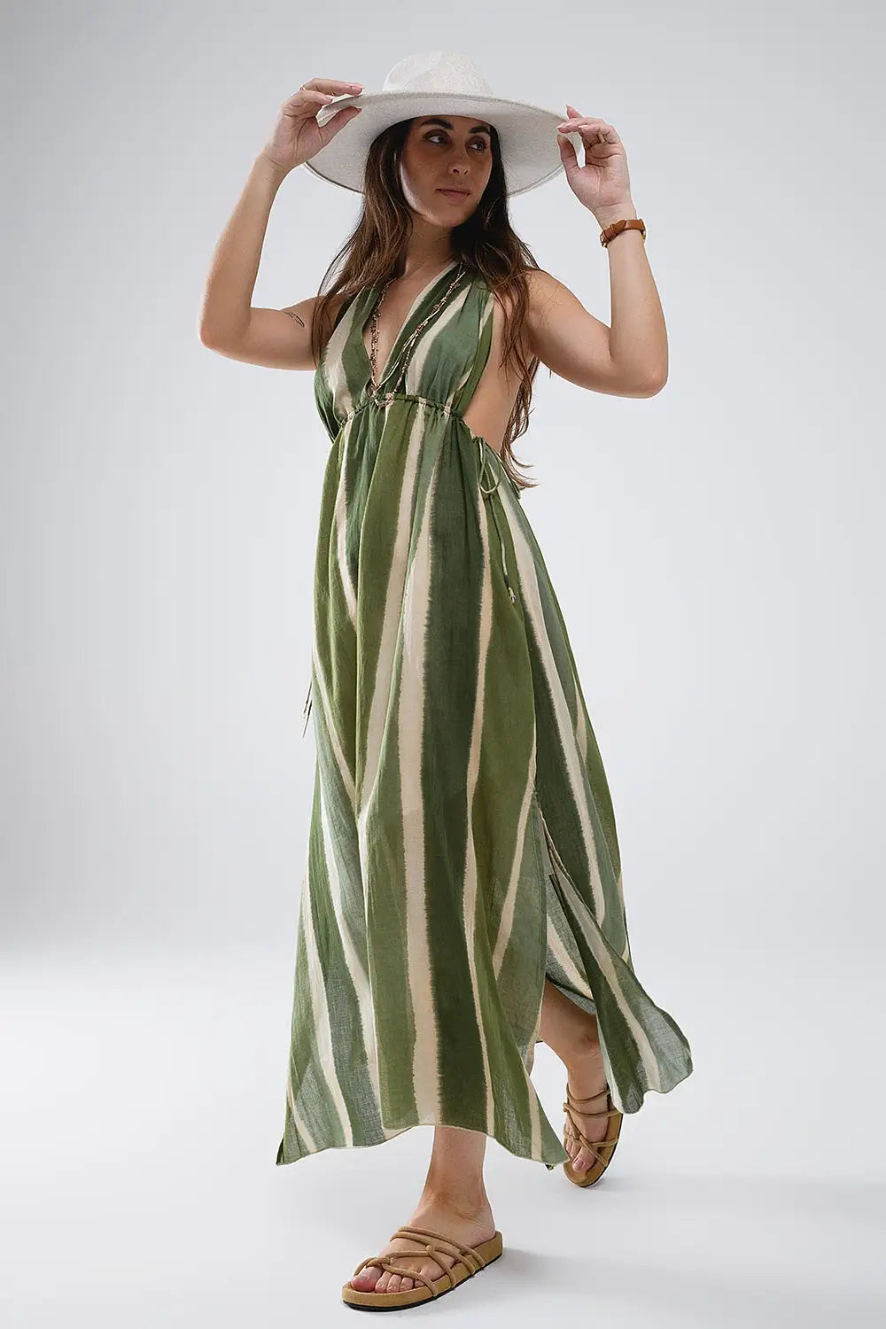 Maxi V-Neck Halter Dress With Side Slits In Striped Tie-dye Green - Dresses