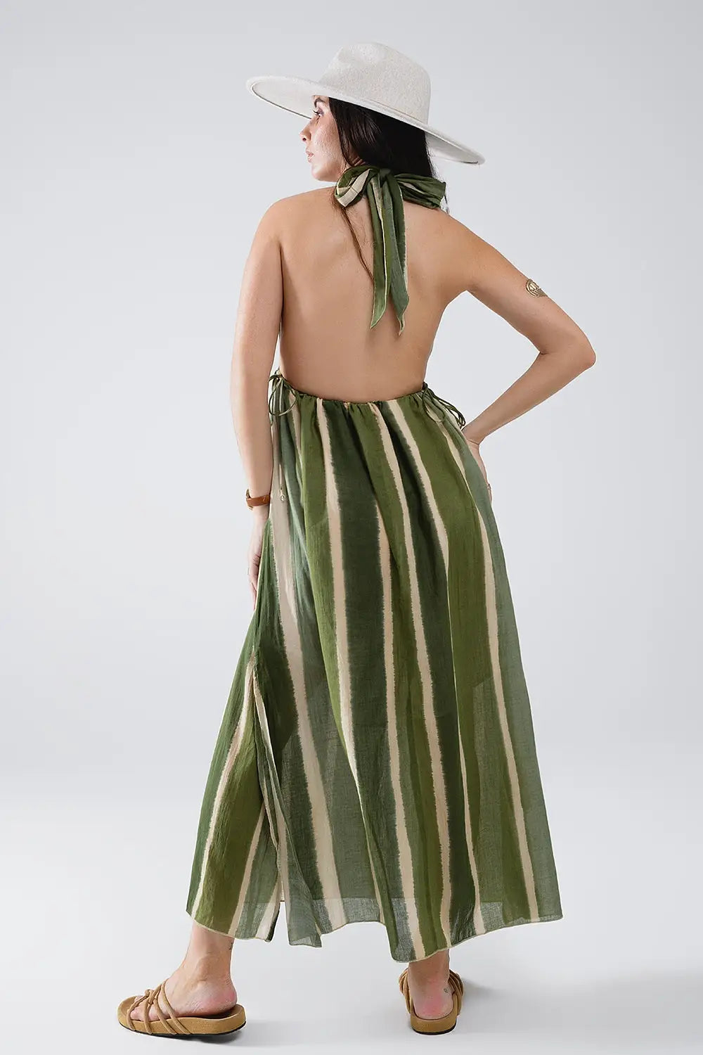 Maxi V-Neck Halter Dress With Side Slits In Striped Tie-dye Green - Dresses