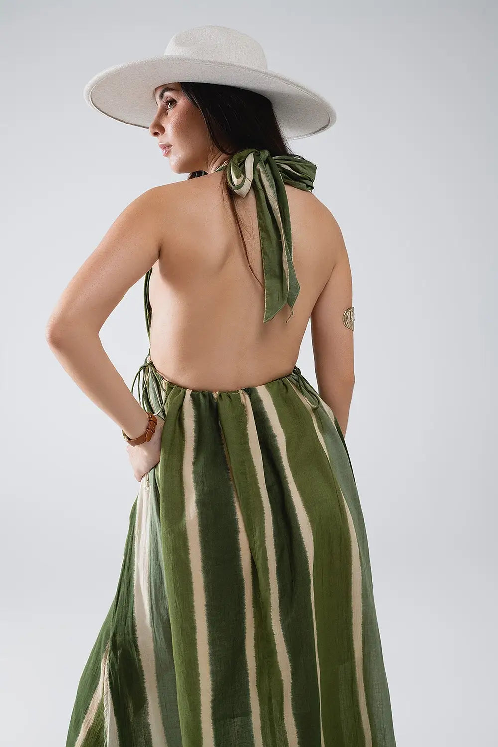 Maxi V-Neck Halter Dress With Side Slits In Striped Tie-dye Green - Dresses