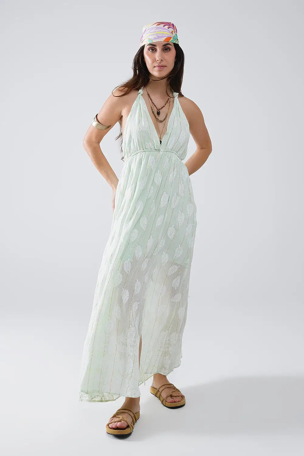 Midi Halter Dress in Mint Leaf Print With Lurex Details - Dresses