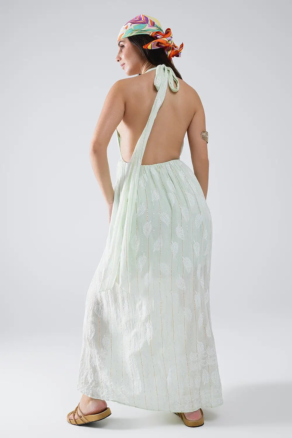 Midi Halter Dress in Mint Leaf Print With Lurex Details - Dresses