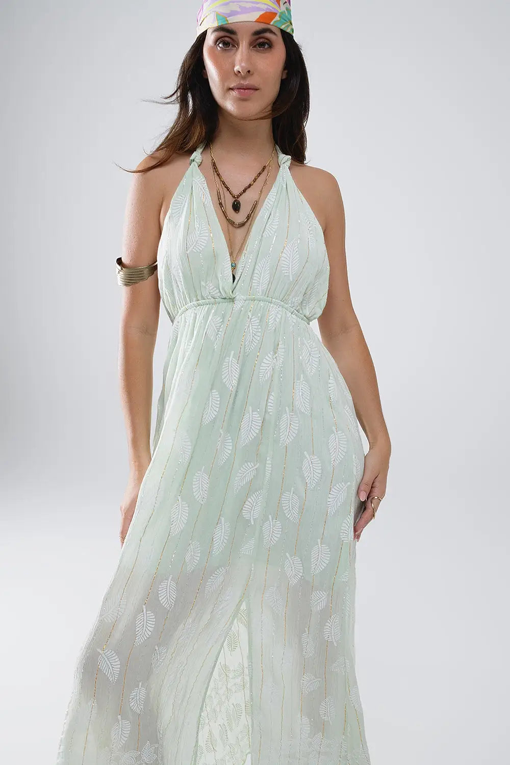 Midi Halter Dress in Mint Leaf Print With Lurex Details - Dresses
