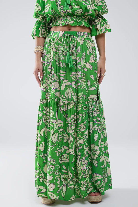 Tiered Maxi Skirt In Green Floral Print - Skirts