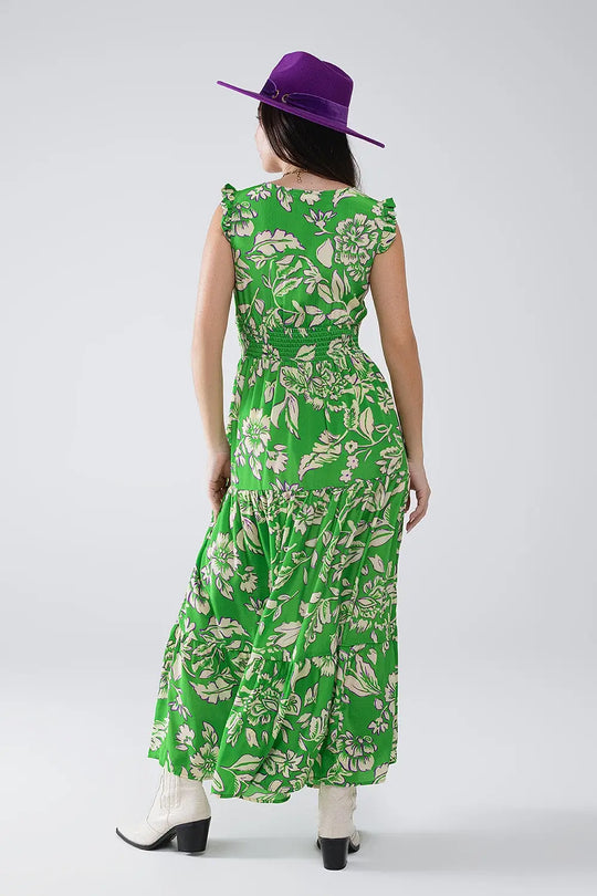 Maxi Cinched Waist Floral Print Dress in Green - Dresses